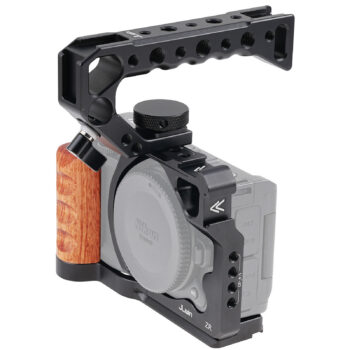 JLWIN Camera Cage for Nikon ZR Camera with Arca-Swiss Base, Wooden Side Handle & Top Handle, Full Rig with Cold Shoe, 1/4"-20 & 3/8"-16 Threads on Cage and Handle for Video Filmmaking